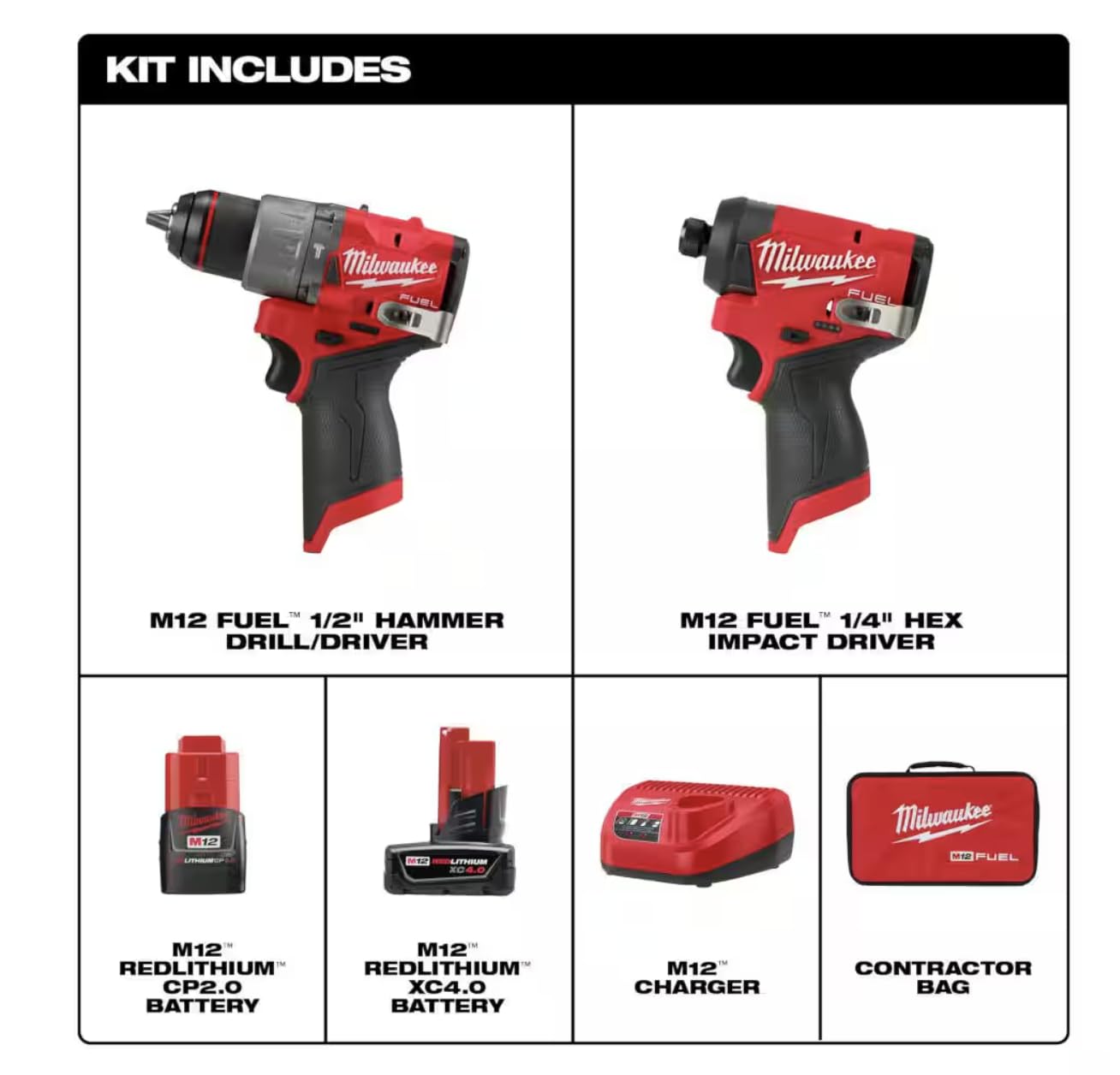 Milwaukee M12 FUEL combo kit, hammer drill & impact driver, with ratchet