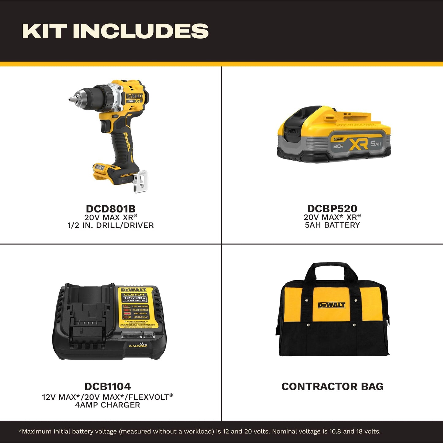 DEWALT 20V MAX XR brushless drill kit, 1/2", 5Ah battery, charger, LED light