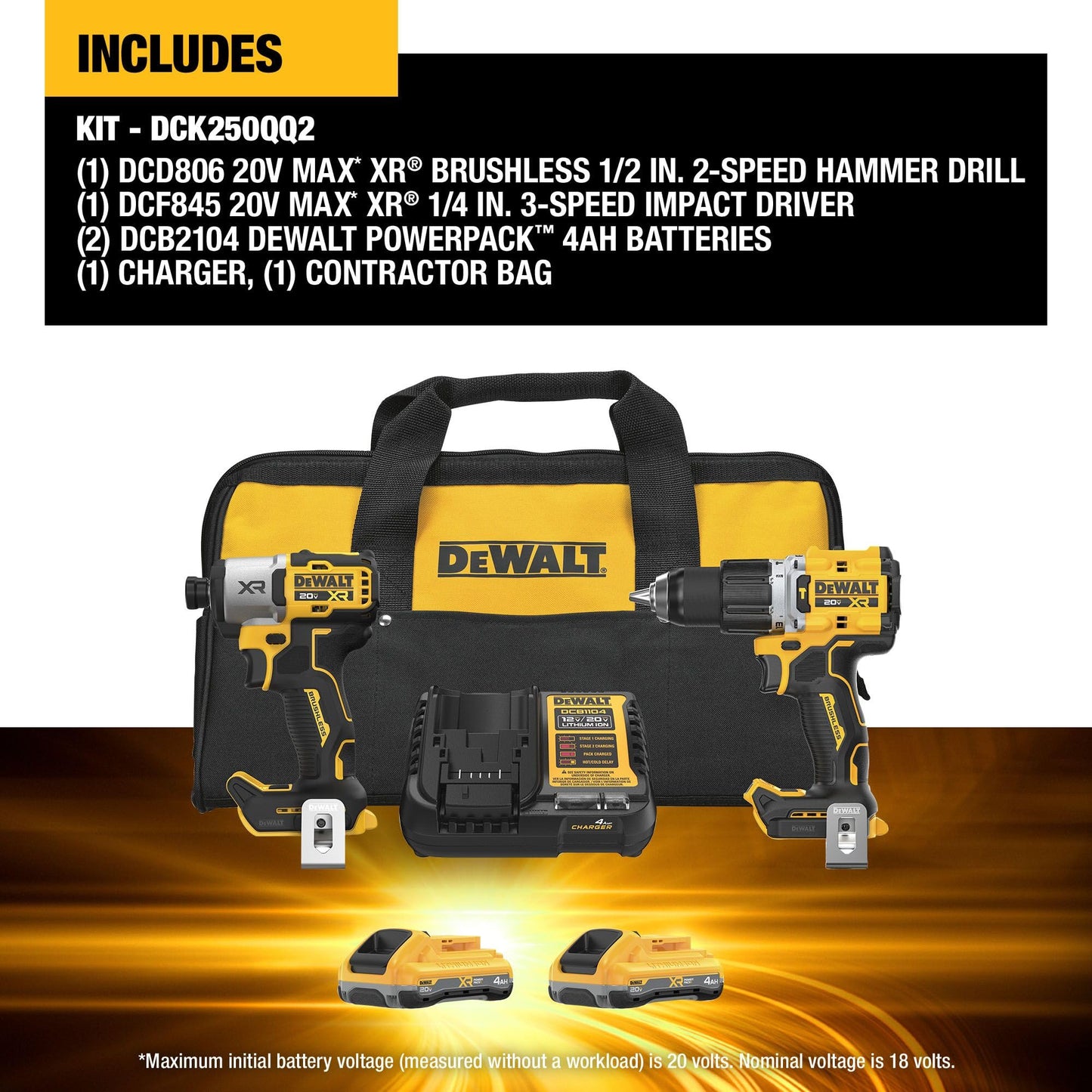DEWALT 20V MAX XR combo kit, impact driver & hammer drill, 2x 4Ah batteries