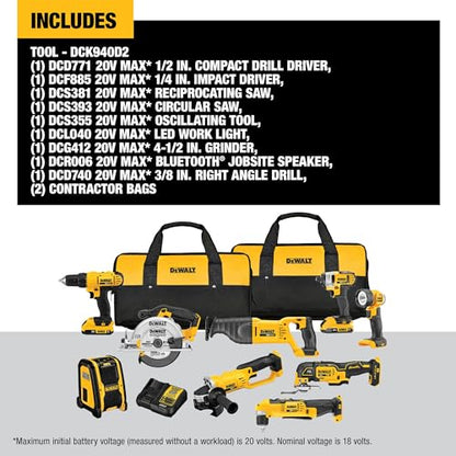 DEWALT 20V MAX 9-tool combo kit, drill, saws, grinder, speaker, 2 batteries