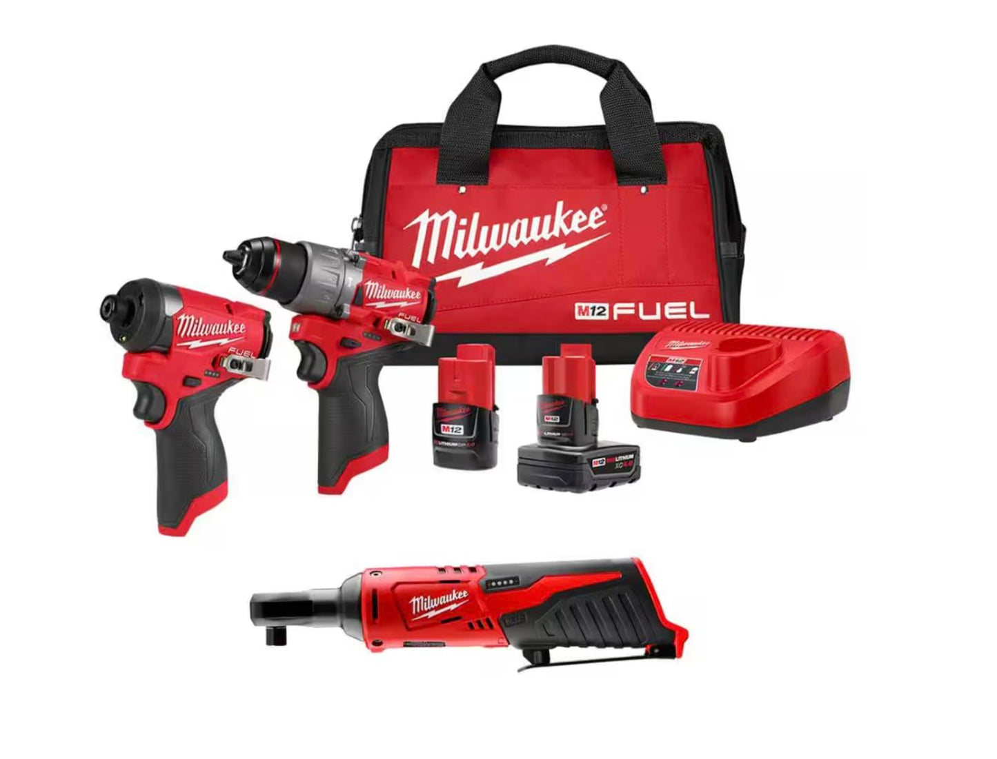 Milwaukee M12 FUEL combo kit, hammer drill & impact driver, with ratchet