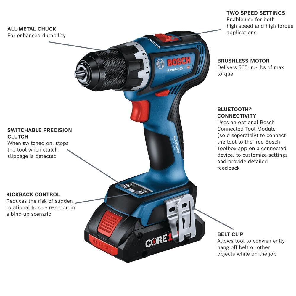 BOSCH 18V brushless drill/driver kit, 1/2", 2x 4Ah batteries