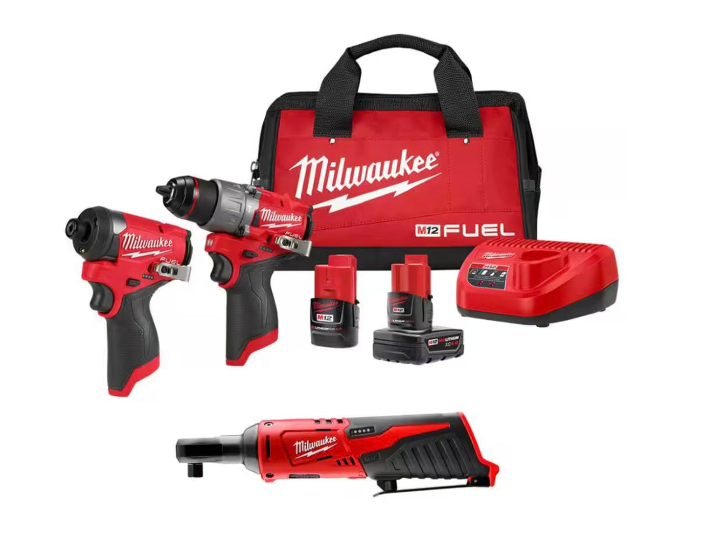 Milwaukee M12 FUEL combo kit, hammer drill & impact driver, with ratchet