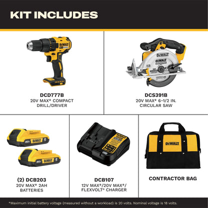 DEWALT 20V MAX drill & circular saw combo, 2 batteries, charger, contractor bag