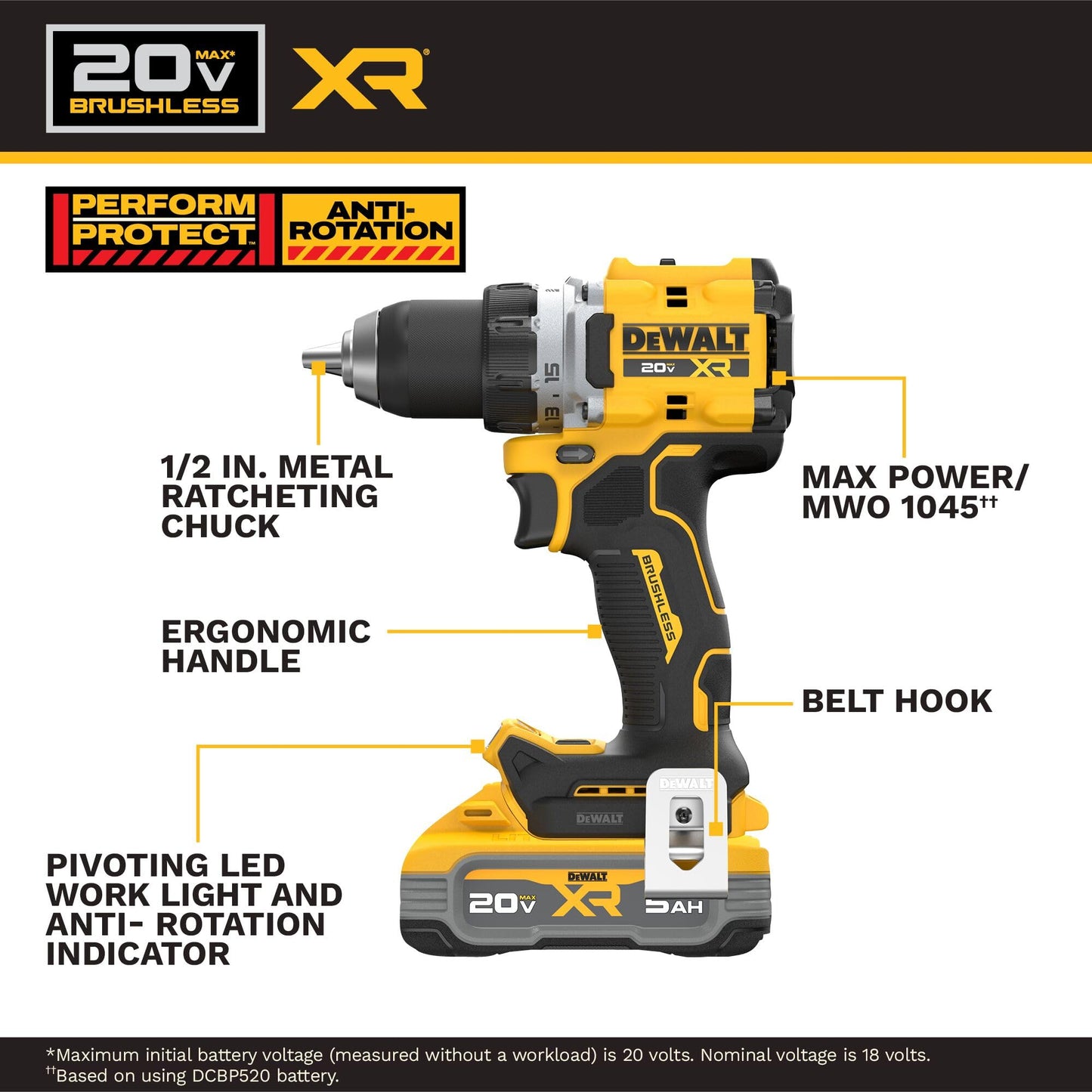 DEWALT 20V MAX XR brushless drill kit, 1/2", 5Ah battery, charger, LED light