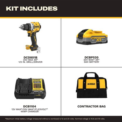 DEWALT 20V MAX XR brushless drill kit, 1/2", 5Ah battery, charger, LED light