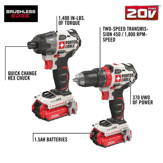 PORTER-CABLE 20V MAX drill & impact driver combo kit, 2 batteries, charger, cordless power tools