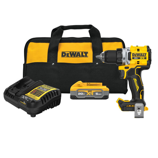 DEWALT 20V MAX XR brushless drill kit, 1/2", 5Ah battery, charger, LED light