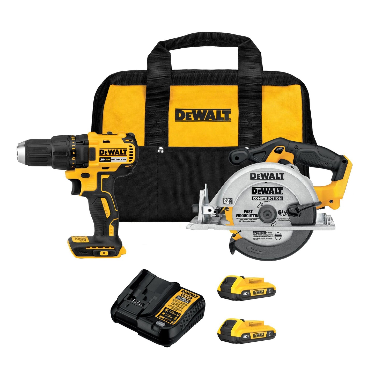 DEWALT 20V MAX drill & circular saw combo, 2 batteries, charger, contractor bag