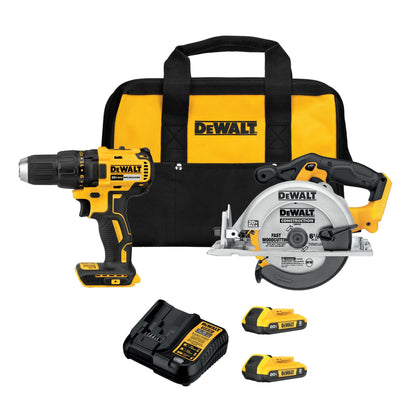 DEWALT 20V MAX drill & circular saw combo, 2 batteries, charger, contractor bag